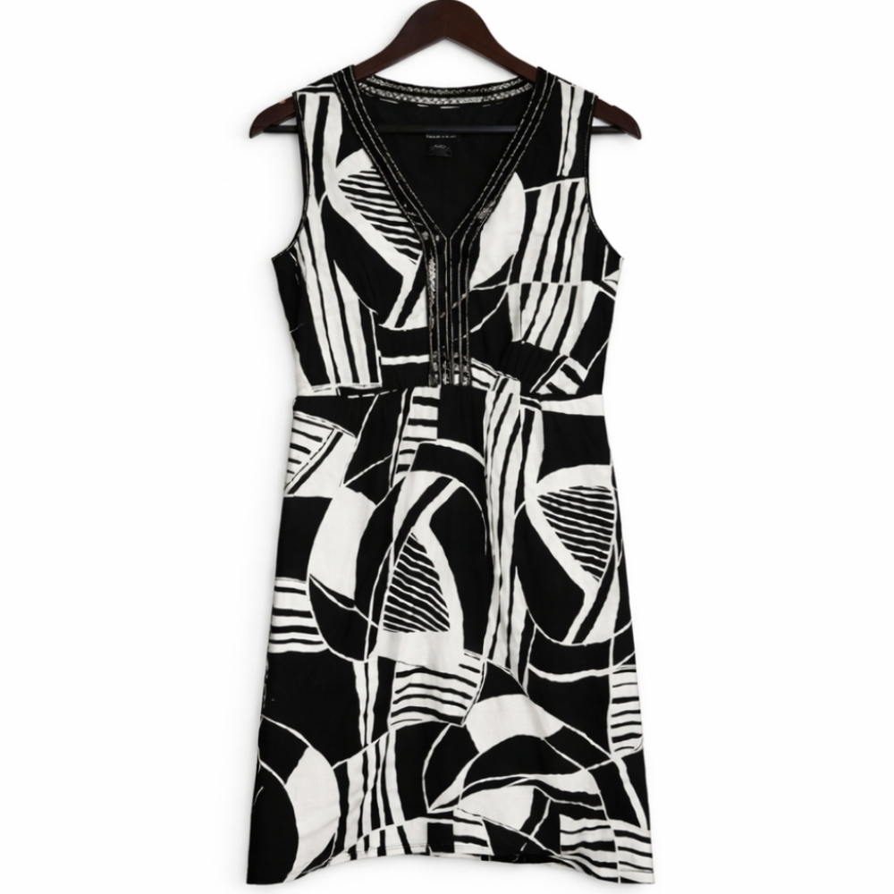Spense Black White Abstract Print Sleeveless Shift Knee Length Dress V-Neck Sz 8